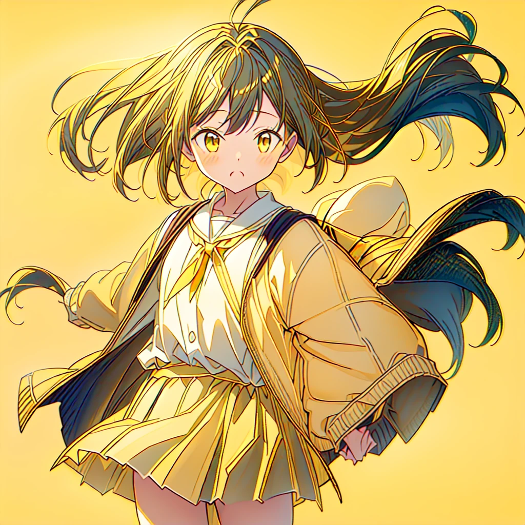 1girl,(((Perfect Anatomy、Highest quality、Masterpiece、Official Art、Super detailed、Dynamic structure、Anime Style)))、Elementary school students、Red dress with large yellow buttons around the waist、White Y-shirt、Red on the neck🎀、White knee-high socks、Brown Loafers、Carrying a red backpack、A soprano recorder is visible from the school bag.、Being buffeted by strong winds、Image from above、Strong wind blowing from the viewer's side、Strong wind blowing from the direction of travel, hair blowing back、(((Yellow simple background:1.8)))、Black Hair、storm、