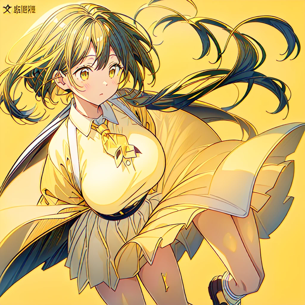 1girl,(((Perfect Anatomy、Highest quality、Masterpiece、Official Art、Super detailed、Dynamic structure、Anime Style)))、Elementary school students、Red dress with large yellow buttons around the waist、White Y-shirt、Red on the neck🎀、White knee-high socks、Brown Loafers、Carrying a red backpack、A soprano recorder is visible from the school bag.、Being buffeted by strong winds、Image from above、Strong wind blowing from the viewer's side、Strong wind blowing from the direction of travel, hair blowing back、(((Yellow simple background:1.8)))、Black Hair、storm、