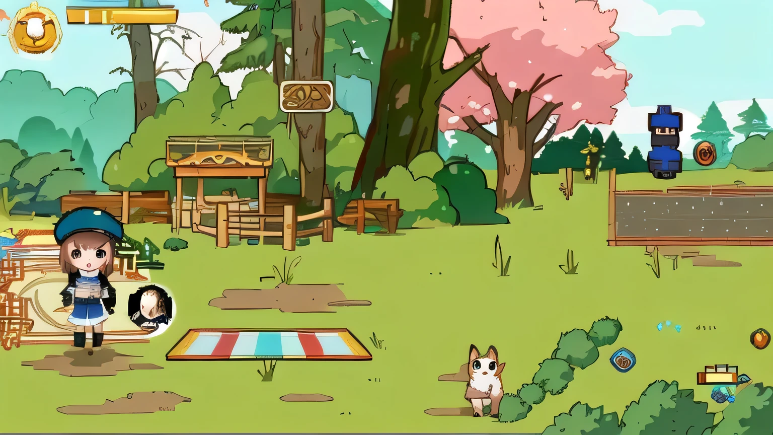 Cartoon character with a close-up of a dog, screenshots, plataform 2 d game, 2 d game, screenshots, Platformer, 视频screenshots>, 电子screenshots, Adventure Games, Gameplay, Flying trees and park items, Video Game Still, screenshots, Gameplay still, Forest scene, Postapo games