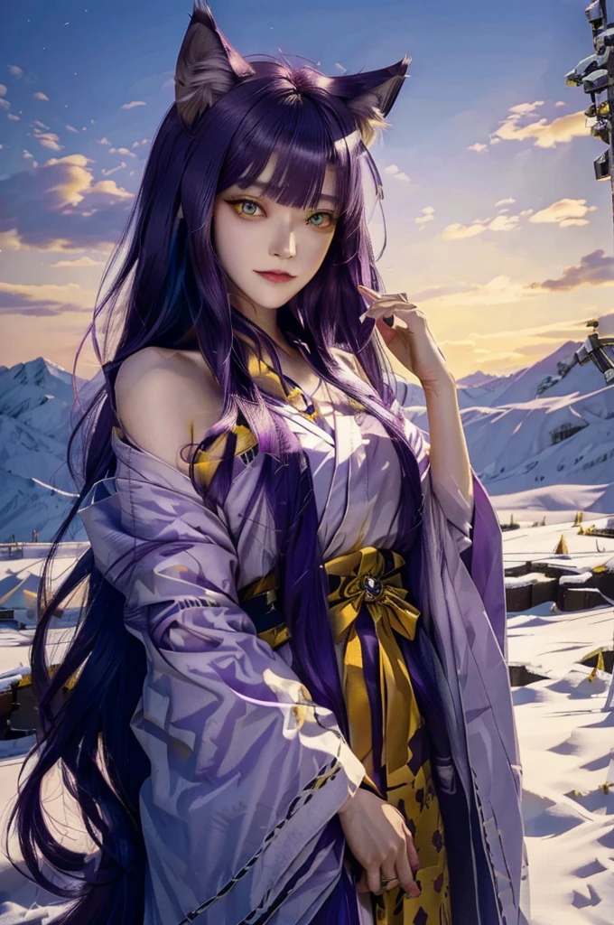 realistic, purple hair, ((yellow eyes)), kimono, wolf ears