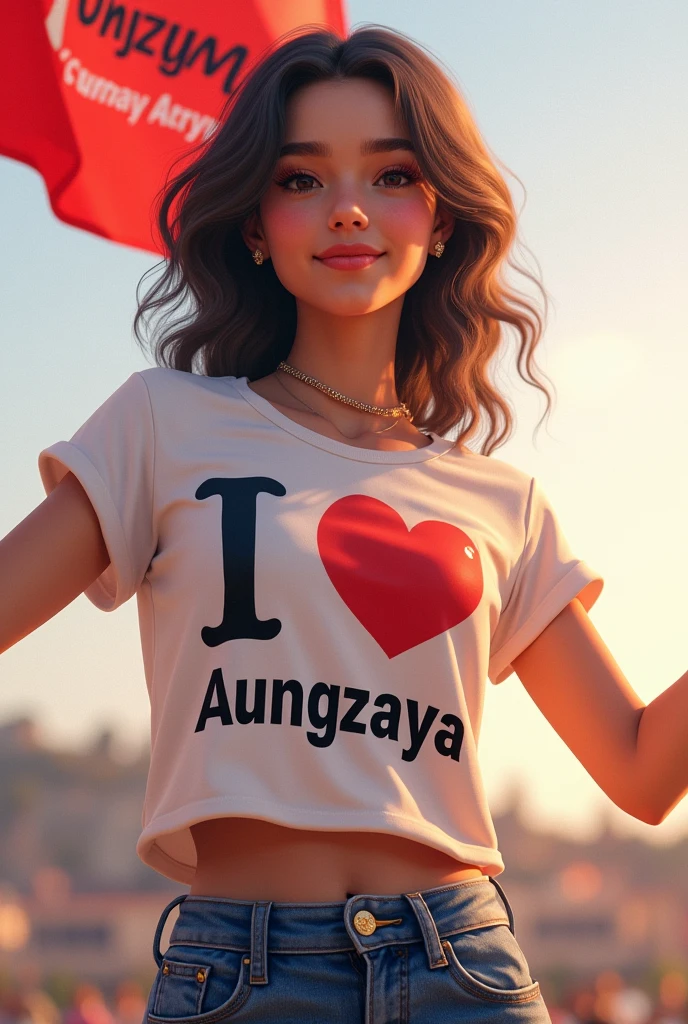 We love AungZayYa စာတန်းပါ​သောအလံကိုင်ထားပြီးI love AungZayYaစာတန်းပါ​သောအိင်္ကျီဝတ်ထားတဲ့မိန်းမပျိုတစ်​ယောက်