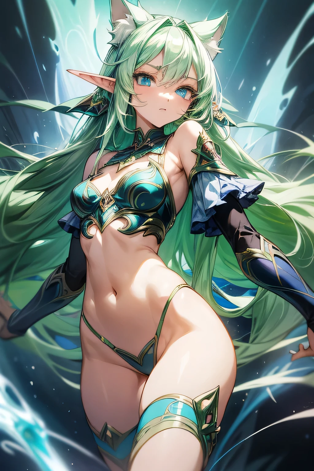 A fantasy anime-style female character with long, flowing light green hair and cat-like ears combined with elf-like pointed ears. She has bright blue eyes and a serious yet alluring expression. The character is wearing minimal armor, including a small chest piece with intricate, mystical designs, and a tiny thong, with black arm sleeves extending up to her elbows. She stands in a dynamic, confident pose, her body angled towards the viewer. The background is dark and magical, with swirling blue and light effects that highlight her figure, giving the scene a mystical, otherworldly atmosphere