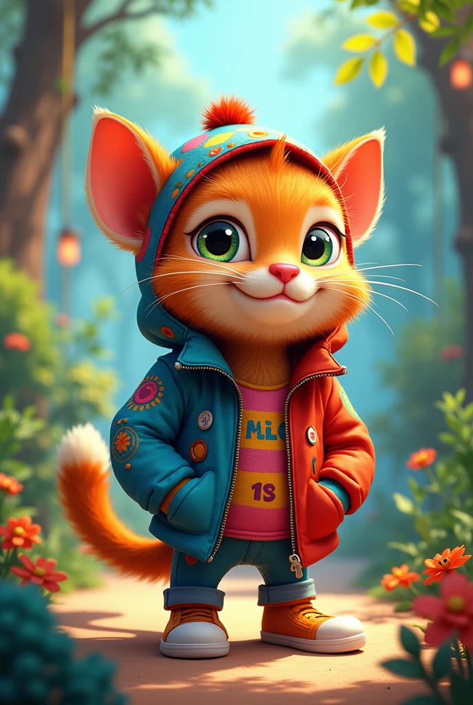 Create a flipbook cover Add Emiliano's name to the cover (that the name appears on the cover) at the top center of title.
adding a domestic or jungle animal that is animated with clothes but is not fictional and is colorful.