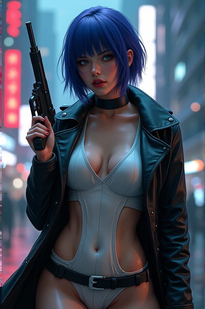 30 yo,realistic  woman ,blue-purple hair,Scarlett Johansson　in Ghost in the Shell,Public Security,(1 girl),realistic ghost in the shell with guns,Wearing a white Fishnet tights and long trench leather coat,(beautiful eyes:1.2),(beautiful face:1.3),(detailed face:1.3),(smile),(muscular:1.1),(sensual:1.3),(thick thighs:1.2),(Body moistened with sweat),(background is black:1.5),(blur background:1.2),(master piece,highest quality,ultra high resolution,Super detailed,8K),wallpaper,The background is Cyberpunk City