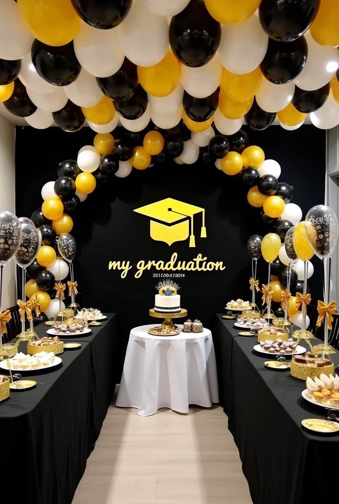 party room to celebrate the themed graduation of a medical doctor, with a black background fabric that has a design of a gold graduation cap in the center and below the design, is the word My Graduation and below the year 2024, to the side an arch of balloons in black, gold and white, in front a dessert table with various types of sweets and a cake in the center, on the sides of the main table, a tower of balloons in black, gold and white and at the top hang on both sides some welcome door banners with a black background, which say in white and gold letters 2024 and a folded diploma at the top and the other says Congratulations with a gold graduation cap at the top top, on another winged table, place a white tablecloth and its food warmers for the buffet, in the rest of the room place 6 large tables, some with black, white and gold tablecloths, 60 chairs, 10 for each table, each table with its centerpiece made of 7 balloons tied to a plastic stand base of individual tubes and 2 black balloons and 3 gold balloons, and 2  balloons with gold confetti inside the balloon, each centerpiece around the balloons has a strip of yellow LED lights, on the ceiling place white, black and gold balloons with various graduation designs and with gold, black and white ribbons hanging down and all the balloons glued to the ceiling.