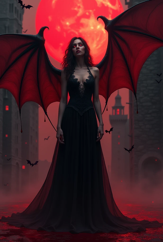 The image portrays a dark and mesmerizing scene, where a tall, seductive, and mature figure stands as the central focus. The illustration, created with the utmost care and attention to detail, captures the essence of a hauntingly beautiful vampire. Rendered in an astounding 8k resolution, every intricate detail comes to life, immersing the viewer in a world of dark enchantment.
The figure's body exudes an alluring seductiveness, emphasized by the realistic and ultra-detailed rendering. The lighting and shadows, meticulously crafted, enhance the depth and realism of the image, bringing out the subtle nuances of the character's form. The high-resolution depiction captures the essence of a vampire's essence, with a touch of the supernatural and a hint of danger.
The character's bat wings unfurl majestically, evoking a sense of mystery and power, while bats gracefully fly around, adding to the magical ambiance. In the night setting, dark magical auras envelop the figure, their ethereal glow highlighting the supernatural nature of the character.
The dark theme is further amplified by the presence of a blood moon and a red sky, creating an atmosphere of foreboding. The image is set against the backdrop of a gothic-style castle, adding an additional layer of darkness and mystery.
To accentuate the vampire's allure, the image depicts shining red eyes, emanating a seductive and captivating gaze. A single blood drop adorns the character's body and eyes, symbolizing their connection to the essence of life. Blood splashes on the ground, further emphasizing the character's power and the danger they embody.
The captivating face of the character is beautifully rendered, featuring the Tyndall effect and high-detailed skin, adding a touch of realism to the image. The messy hair contorted in an alluring manner, adds to the character's captivating presence