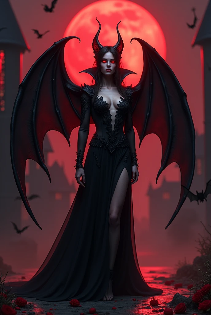 The image portrays a dark and mesmerizing scene, where a tall, seductive, and mature figure stands as the central focus. The illustration, created with the utmost care and attention to detail, captures the essence of a hauntingly beautiful vampire. Rendered in an astounding 8k resolution, every intricate detail comes to life, immersing the viewer in a world of dark enchantment.
The figure's body exudes an alluring seductiveness, emphasized by the realistic and ultra-detailed rendering. The lighting and shadows, meticulously crafted, enhance the depth and realism of the image, bringing out the subtle nuances of the character's form. The high-resolution depiction captures the essence of a vampire's essence, with a touch of the supernatural and a hint of danger.
The character's bat wings unfurl majestically, evoking a sense of mystery and power, while bats gracefully fly around, adding to the magical ambiance. In the night setting, dark magical auras envelop the figure, their ethereal glow highlighting the supernatural nature of the character.
The dark theme is further amplified by the presence of a blood moon and a red sky, creating an atmosphere of foreboding. The image is set against the backdrop of a gothic-style castle, adding an additional layer of darkness and mystery.
To accentuate the vampire's allure, the image depicts shining red eyes, emanating a seductive and captivating gaze. A single blood drop adorns the character's body and eyes, symbolizing their connection to the essence of life. Blood splashes on the ground, further emphasizing the character's power and the danger they embody.
The captivating face of the character is beautifully rendered, featuring the Tyndall effect and high-detailed skin, adding a touch of realism to the image. The messy hair contorted in an alluring manner, adds to the character's captivating presence