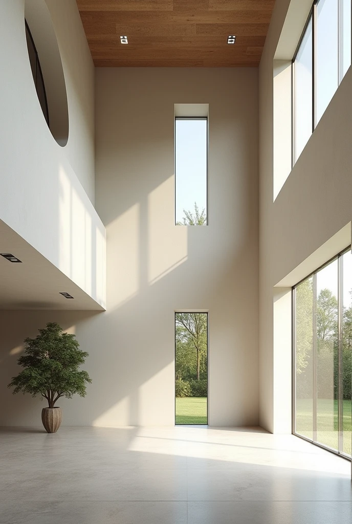 double height interior space with the wall on the left side having only one circular window that faces the patio that provides all the lighting, another medium horizontal window that joins the back wall in the corner, the third right wall has huge windows with large gaps
no furniture or trees
They are three walls with a vanishing point