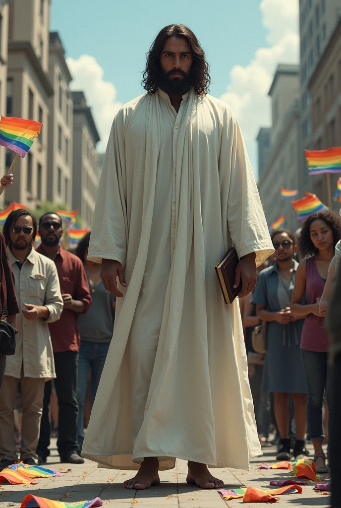 A crowd of the community dressed as dying people, with broken rainbow signs on the ground she is kneeling in front of a strong man in white robes with a bible in his hand with shoulder length hair in the middle of a city
