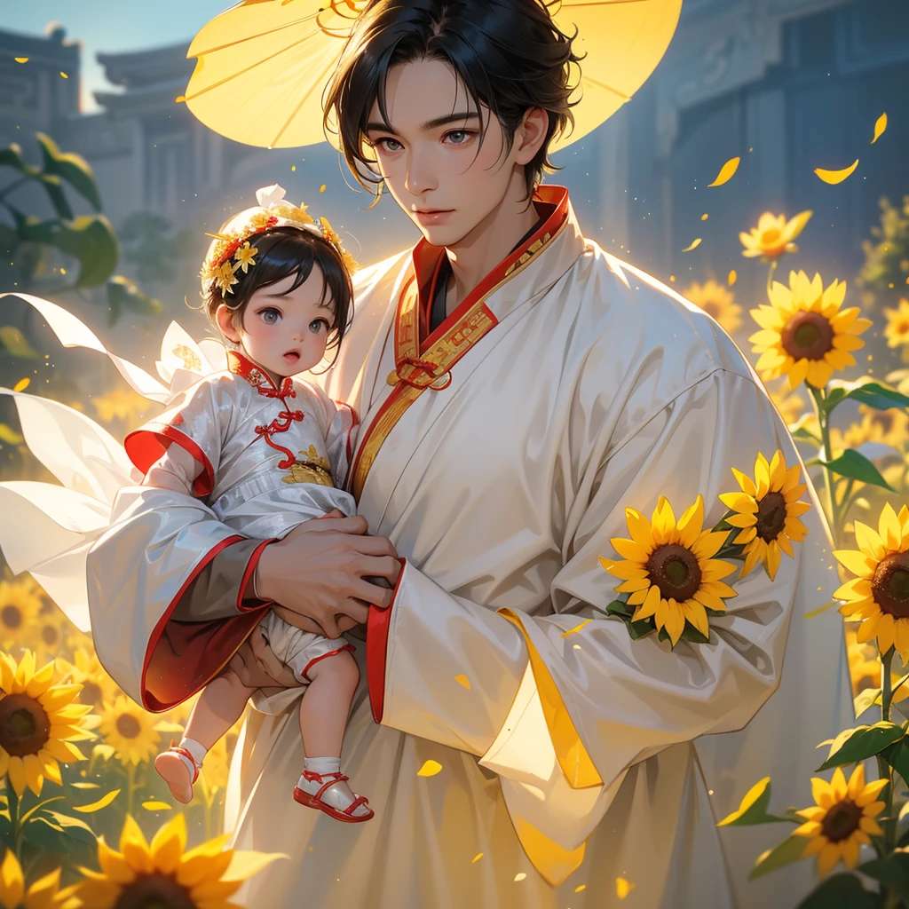 A one-year-old baby boy in an white ancient Chinese baby costume with his beautiful mother, dressed in an ancient Chinese costume, Strolling among the sunflower fields Glowing yellow, playing with each other, with his handsome father standing next to his mother, close up