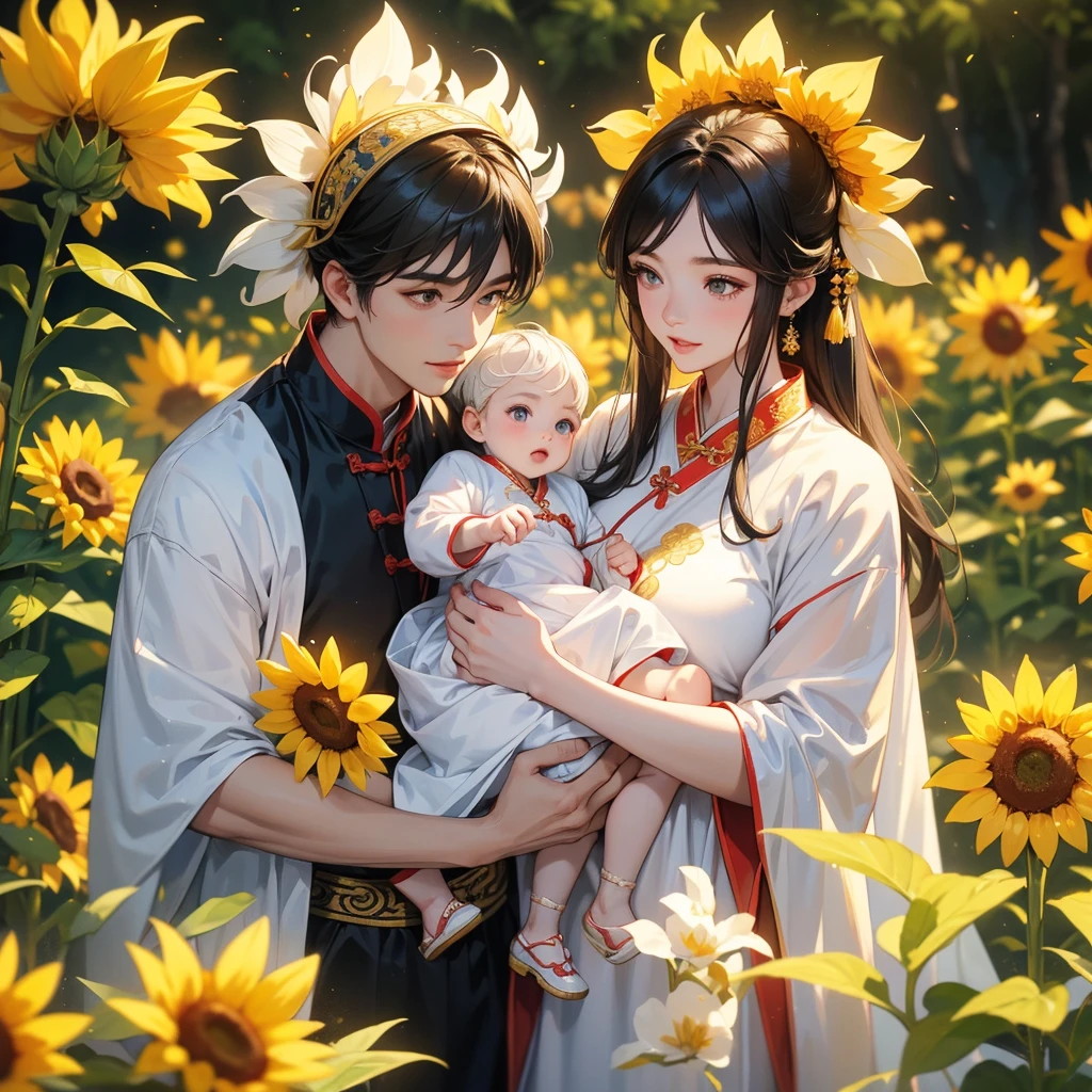 A one-year-old baby boy in an white ancient Chinese baby costume with his beautiful mother, dressed in an ancient Chinese costume, Strolling among the sunflower fields Glowing yellow, playing with each other, with his handsome father standing next to his mother, close up