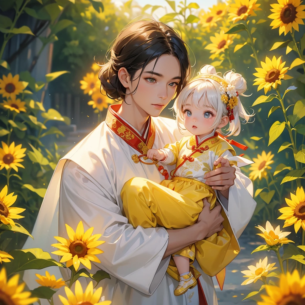 A one-year-old baby boy in an white ancient Chinese baby costume with his beautiful mother, dressed in an ancient Chinese costume, Strolling among the sunflower fields Glowing yellow, playing with each other, with his handsome father standing next to his mother, close up
