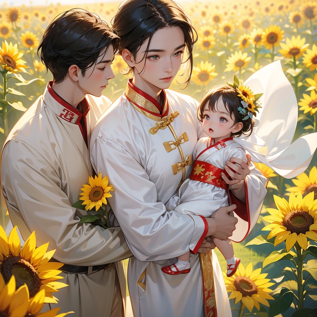 A one-year-old baby boy in an white ancient Chinese baby costume with his beautiful mother, dressed in an ancient Chinese costume, Strolling among the sunflower fields Glowing yellow, playing with each other, with his handsome father standing next to his mother, close up
