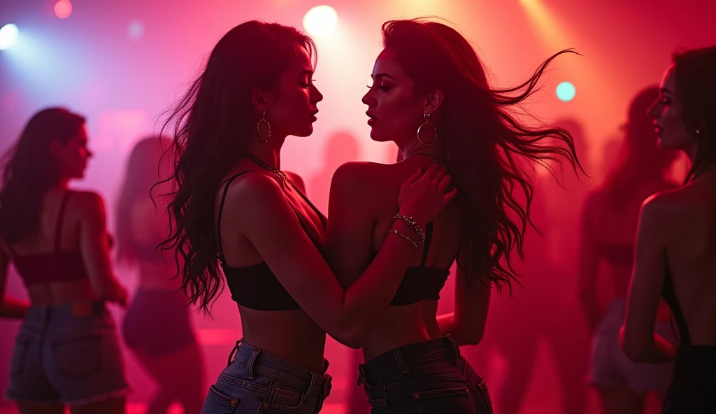 Real photo, best camera, nightclub atmosphere, Two beautiful and sexy girls dancing reggaeton