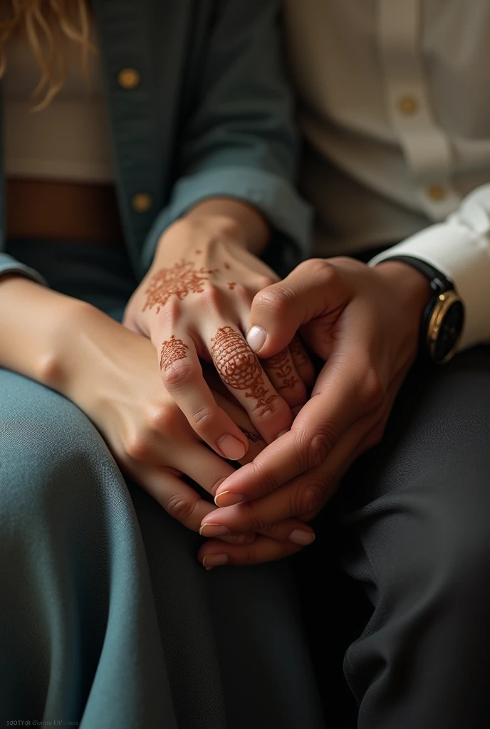 (photorealism:1.2), "Create an ultra-realistic image focusing solely on the hands of a seated couple. The boy's hand, slightly darker in skin tone with visible veins, should be positioned on the right, wearing a watch and a shirt with the sleeve folded up to the wrist. The girl's hand, positioned on the left, should feature intricate mehendi designs. Their hands should be gently clasped together, showing detailed textures and natural lighting. Ensure that only the hands are visible, with no part of the body or face shown. The couple should be seated, and the background should be softly blurred to keep the focus entirely on the hands, capturing the connection and fine details