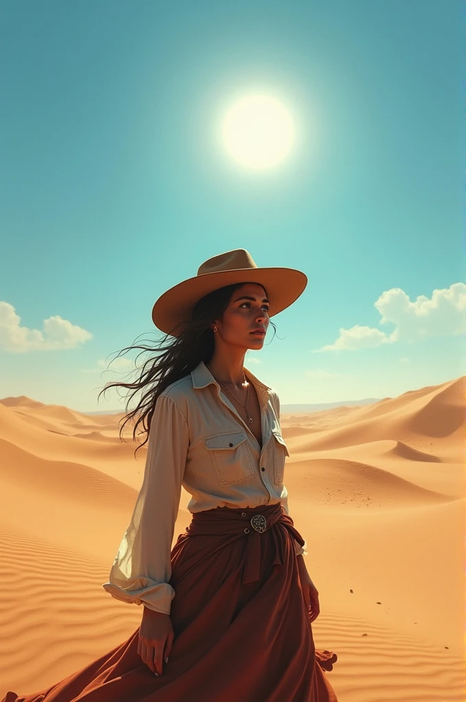 a cover for a book, that a woman is under a scorching sun in the middle of the desert