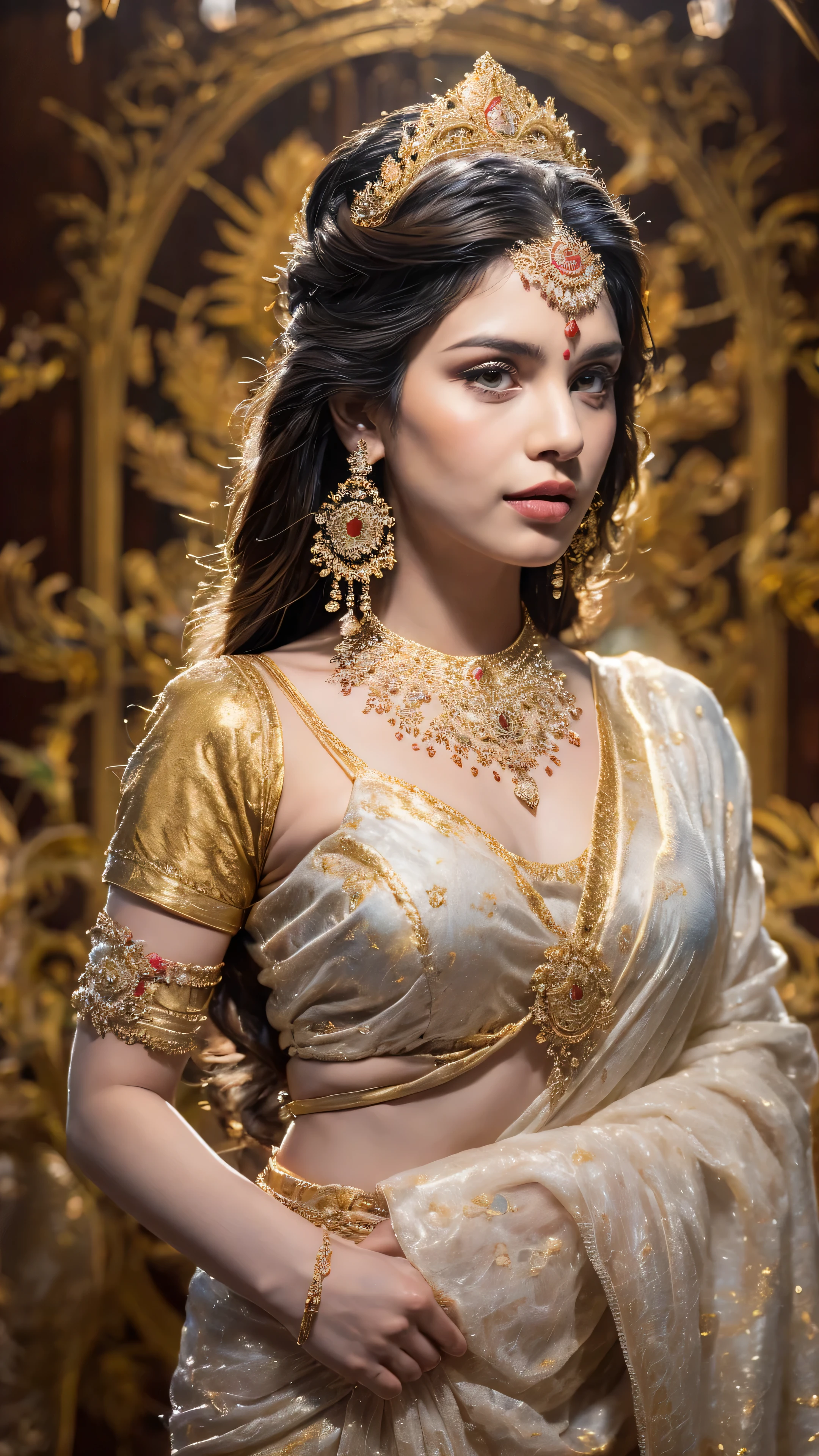 ((Best quality, 8k, Masterpiece :1.3)), Sharp focus :1.2, Generate a realistic image of a beautiful sexy Indian woman dressed in a white Kasava saree, adorned with traditional ornaments, standing in a well-lit room with cinematic lighting. ((Front view, random elegant pose)), and there is a sense of grace and elegance in her posture. The background should complement the scene, enhancing the overall aesthetic appeal of the image. Photography by Brandon Woelfel, Full shot: Canon EF 16-35mm f/2.8L III USM lens on a Canon EOS 5D Mark IV camera, ultra realistic, 32k, HD