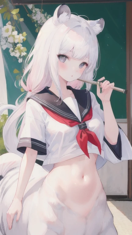 (best quality, masterpiece), 1 girl, centaur, I beg, White skin, Japanese schoolgirl,daughter,black pink, exposing the abdomen, belly button t-shirt , beautiful girl perfect, White tiger photo, 완벽한 White tiger photo