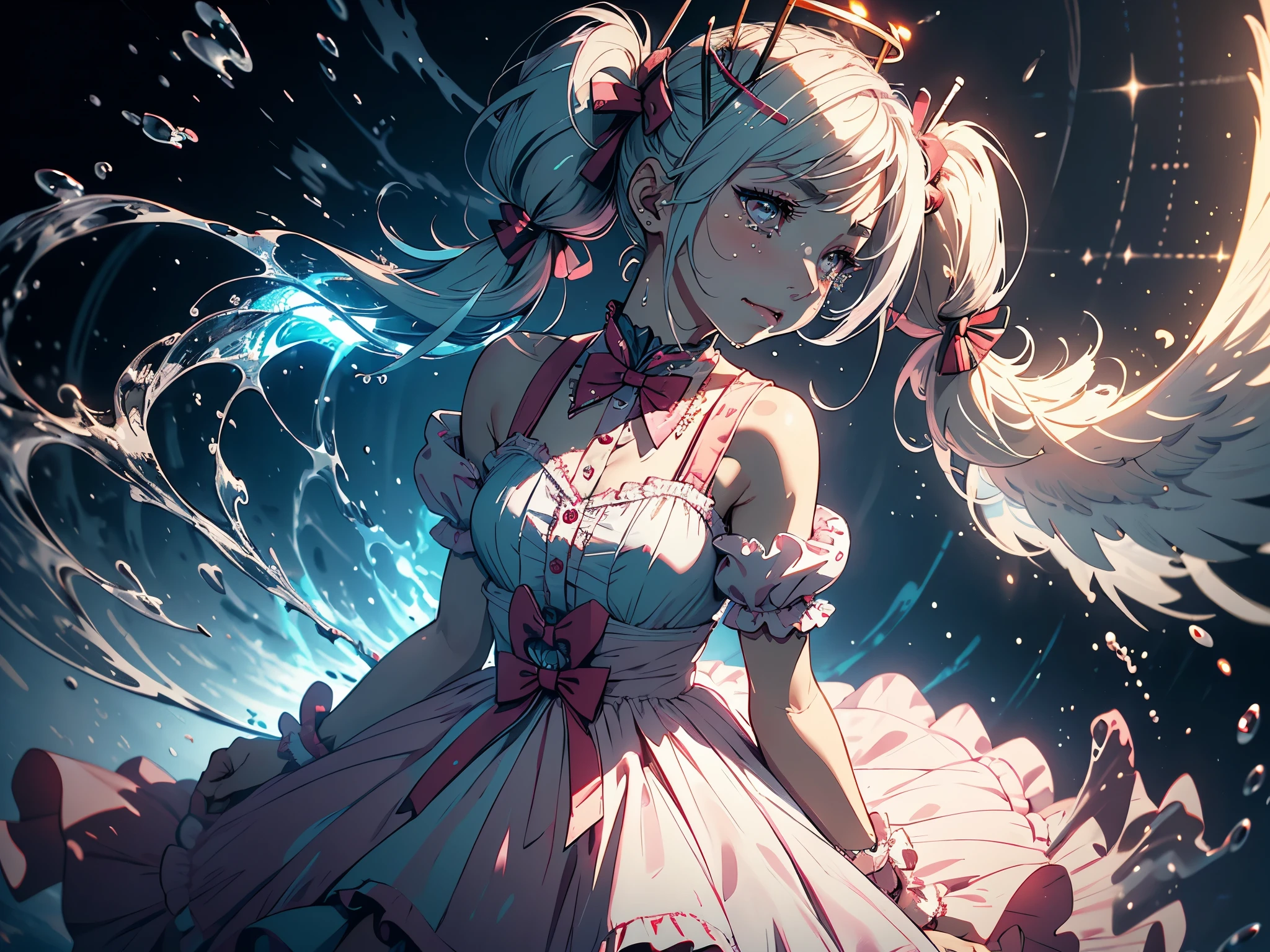 Hair shaking, victory, Long eyelashes, Solid round eye, A faint smile, ear blush, direction, (White hair), cosmetic, blush, sad, sad smile, shadow, Relief, Atmospheric perspective, 8K, Super Detail, precise, best quality, (Cyberpunk), Movie Lighting, masterpiece,(1 Girl), ((((Short twin tails)))), Colorful hair, flight, Pink bow,((Female Model)), (Angel Halo), ((( wing ))), bold, striking, fashionable, panoramic, Eye level shot, tiling from below,, (((ta dress))), (((Wide-angle lens))), (((( Splash of Color )))),8k,Ultra-clear