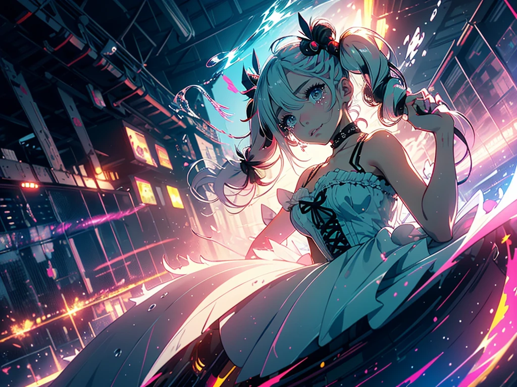 Hair shaking, victory, Long eyelashes, Solid round eye, A faint smile, ear blush, direction, (White hair), cosmetic, blush, sad, sad smile, shadow, Relief, Atmospheric perspective, 8K, Super Detail, precise, best quality, (Cyberpunk), Movie Lighting, masterpiece,(1 Girl), ((((Short twin tails)))), Colorful hair, flight, Pink bow,((Female Model)), (Angel Halo), ((( wing ))), bold, striking, fashionable, panoramic, Eye level shot, tiling from below,, (((ta dress))), (((Wide-angle lens))), (((( Splash of Color )))),8k,Ultra-clear