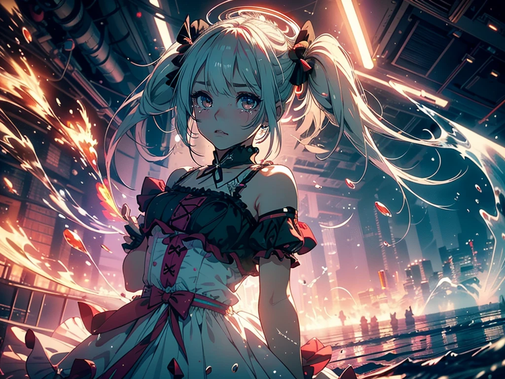 Hair shaking, victory, Long eyelashes, Solid round eye, A faint smile, ear blush, direction, (White hair), cosmetic, blush, sad, sad smile, shadow, Relief, Atmospheric perspective, 8K, Super Detail, precise, best quality, (Cyberpunk), Movie Lighting, masterpiece,(1 Girl), ((((Short twin tails)))), Colorful hair, flight, Pink bow,((Female Model)), (Angel Halo), ((( wing ))), bold, striking, fashionable, panoramic, Eye level shot, tiling from below,, (((Lolita dress))), (((Wide-angle lens))), (((( Splash of Color )))),8k,Ultra-clear