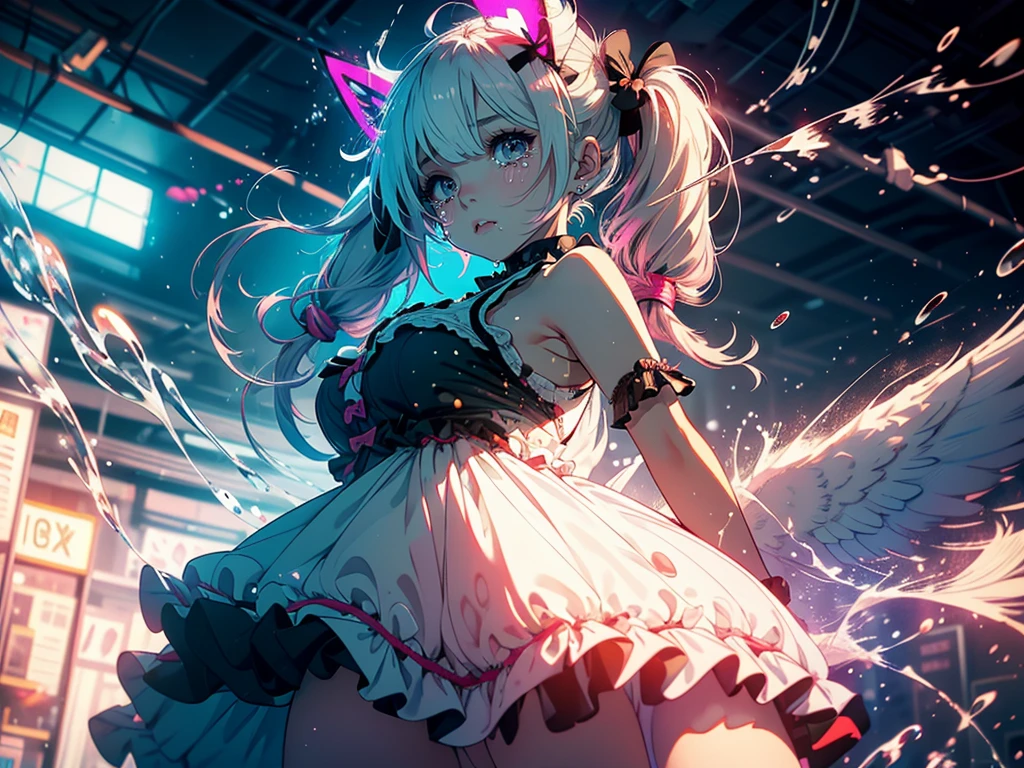 Hair shaking, victory, Long eyelashes, Solid round eye, A faint smile, ear blush, direction, (White hair), cosmetic, blush, sad, sad smile, shadow, Relief, Atmospheric perspective, 8K, Super Detail, precise, best quality, (Cyberpunk), Movie Lighting, masterpiece,(1 Girl), ((((Short twin tails)))), Colorful hair, flight, Pink bow,((Female Model)), (Angel Halo), ((( wing ))), bold, striking, fashionable, panoramic, Eye level shot, tiling from below,, (((ta dress))), (((Wide-angle lens))), (((( Splash of Color )))),8k,Ultra-clear
