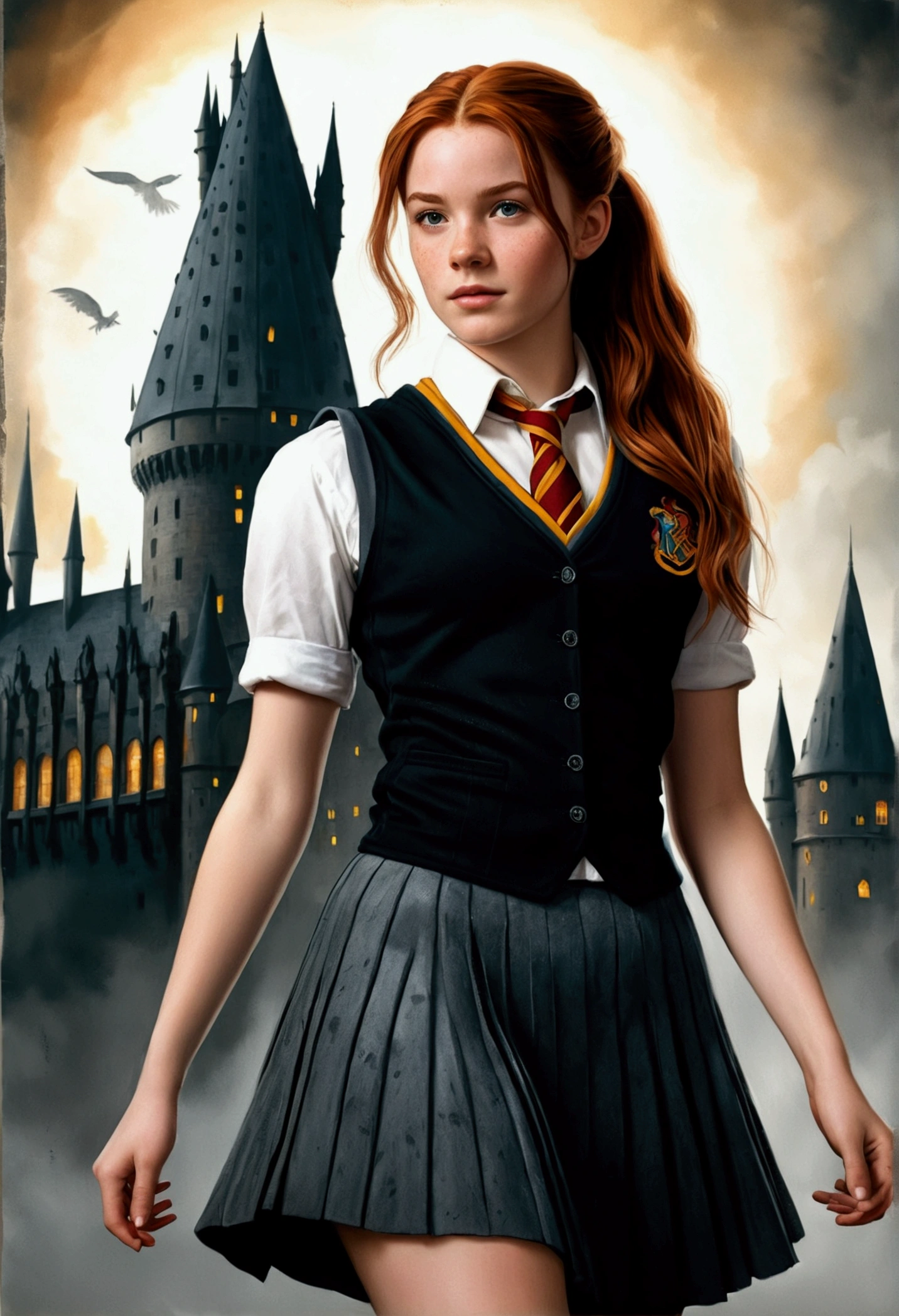 An illustrated movie poster, hand-drawn, full color, a female Hogwarts student, 18 years old, wearing a charcoal vest and a pleated skirt, tall, toned, amazonian stature, athletic hourglass figure, full wide hips, massive round butt, long shapely legs, ridiculously thick powerful thighs, deep dark auburn hair, messy ponytail, flushed sun-kissed complexion, freckles, resembles Mary Jane Watson, standing in front of Hogwarts Castle, surrounded by mist, graphite shading, stencil marks, airbrushed acrylic paint, masterpiece, in the Deathly Hallows