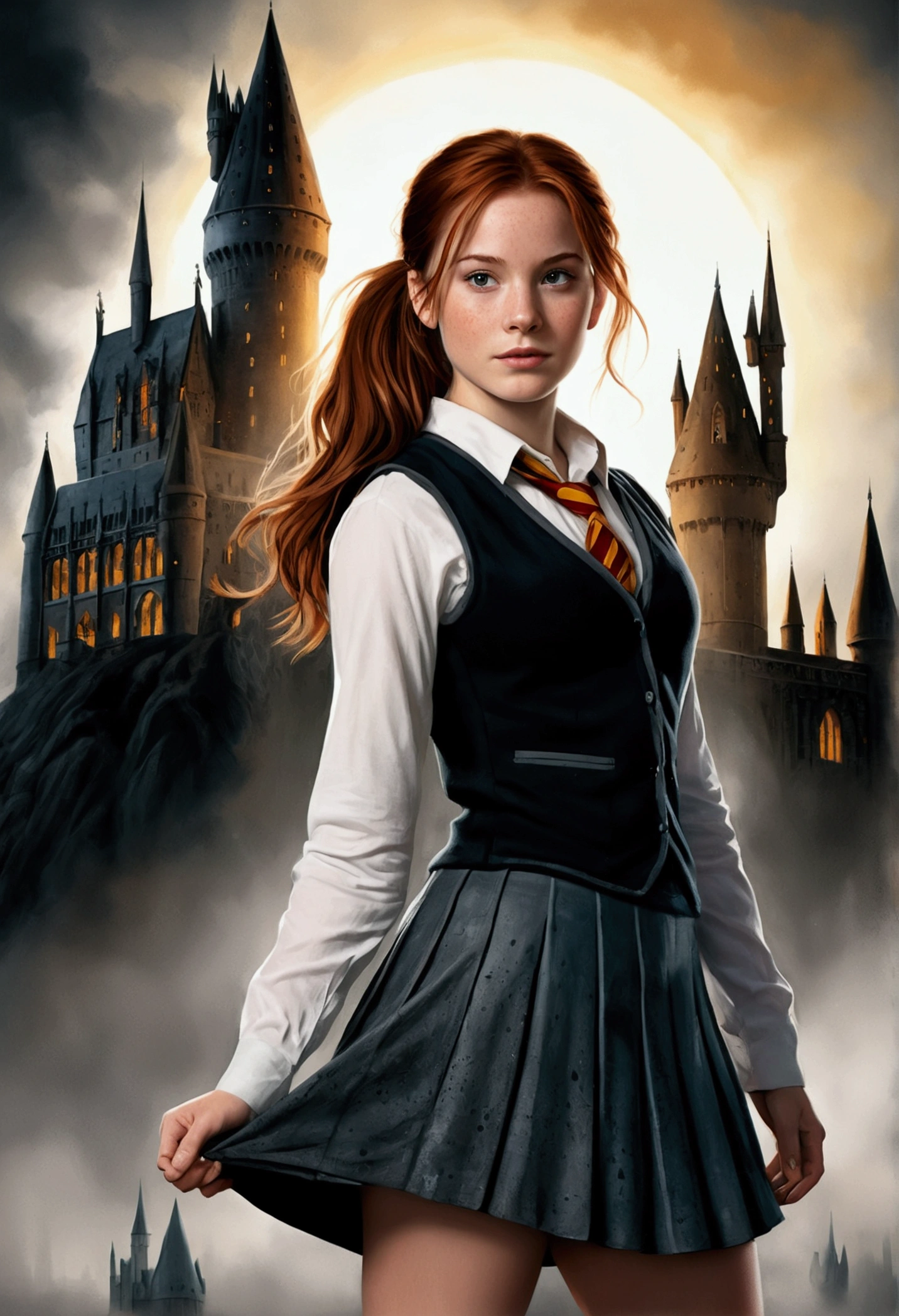 An illustrated movie poster, hand-drawn, full color, a female Hogwarts student, 18 years old, wearing a charcoal vest and a pleated skirt, tall, toned, amazonian stature, athletic hourglass figure, full wide hips, massive round butt, long shapely legs, ridiculously thick powerful thighs, deep dark auburn hair, messy ponytail, flushed sun-kissed complexion, freckles, resembles Mary Jane Watson, standing in front of Hogwarts Castle, surrounded by mist, graphite shading, stencil marks, airbrushed acrylic paint, masterpiece, in the Deathly Hallows 