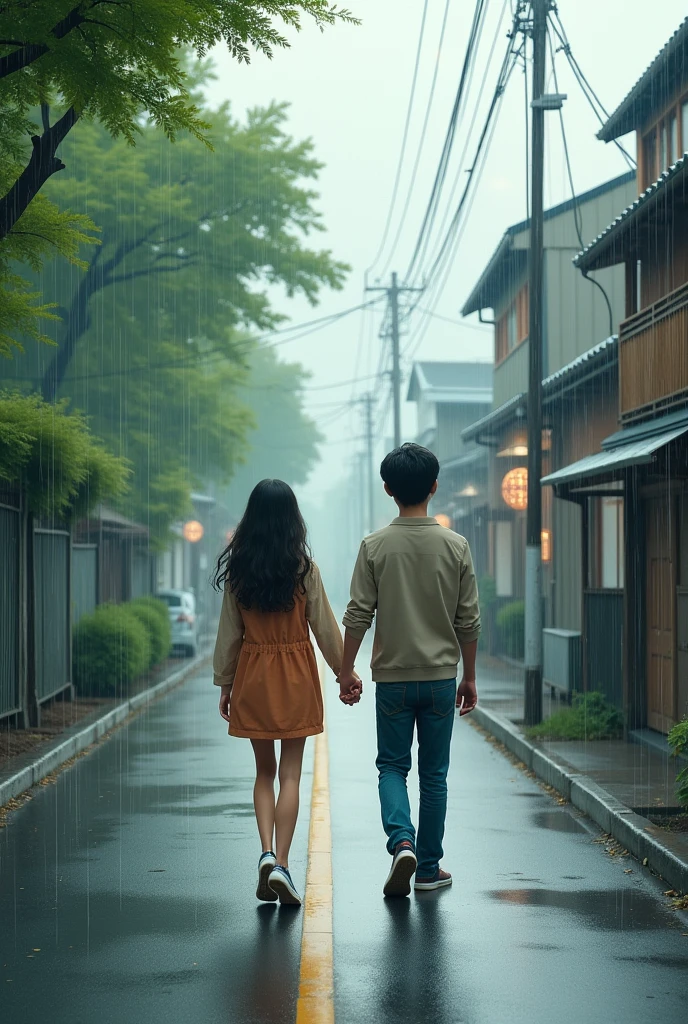 A boy and girl walking hand in hand on road in rainy season. Both of them are Adult 