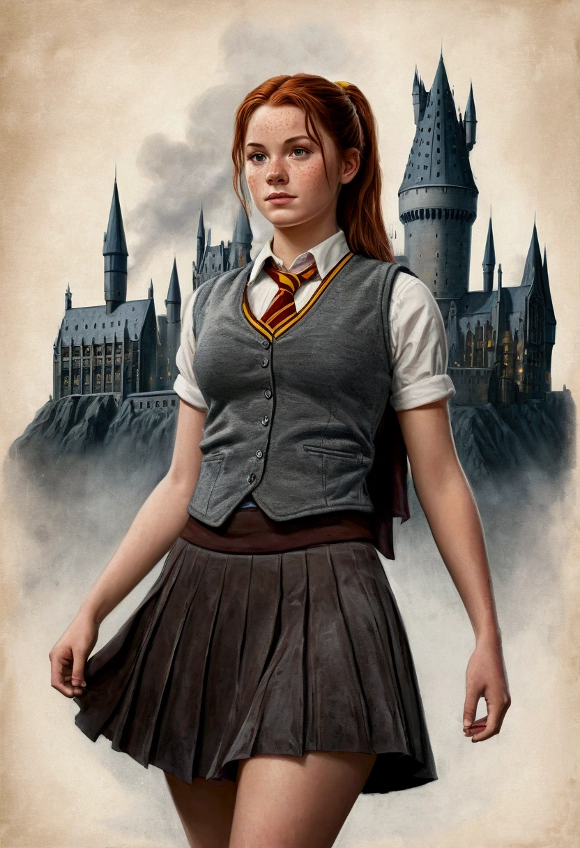 An illustrated movie poster, hand-drawn, full color, a female Hogwarts student, 18 years old, wearing a charcoal vest and a pleated skirt, tall, toned, amazonian stature, athletic hourglass figure, full wide hips, massive round butt, long shapely legs, ridiculously thick powerful thighs, deep dark auburn hair, messy ponytail, flushed sun-kissed complexion, freckles, resembles Mary Jane Watson, standing in front of Hogwarts Castle, surrounded by mist, graphite shading, stencil marks, airbrushed acrylic paint, masterpiece, in the Deathly Hallows 