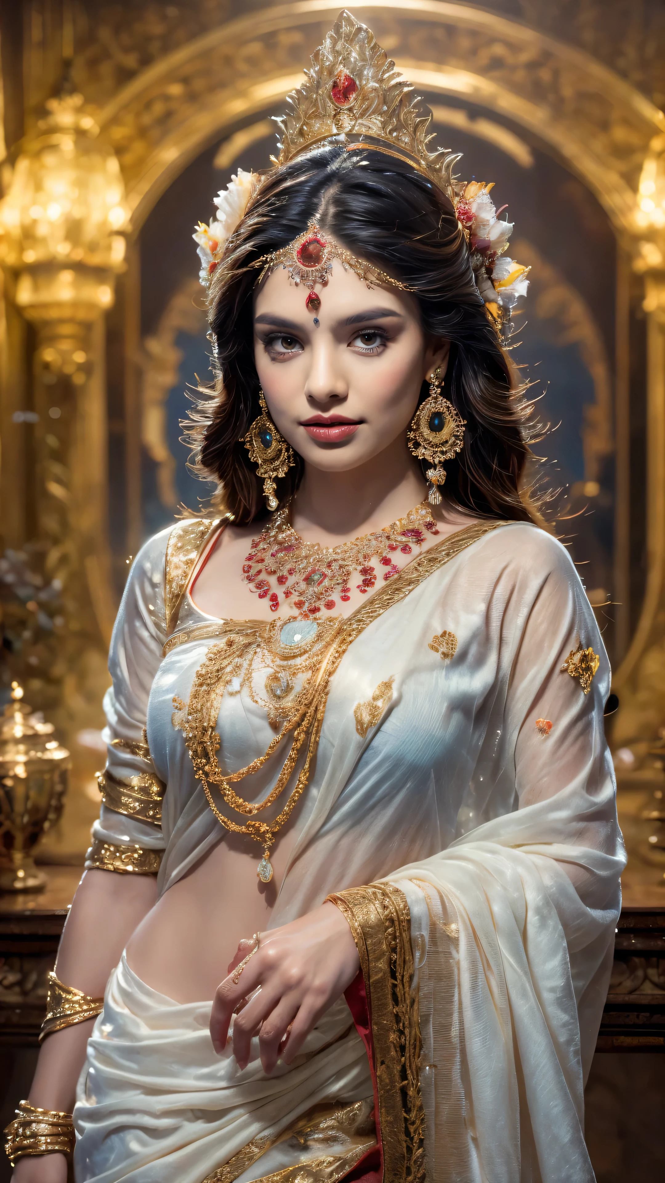 ((Best quality, 8k, Masterpiece :1.3)), Sharp focus :1.2, Generate a realistic image of a beautiful sexy Indian woman dressed in a white Kasava saree, adorned with traditional ornaments, standing in a well-lit room with cinematic lighting. ((Front view, random elegant pose)), and there is a sense of grace and elegance in her posture. The background should complement the scene, enhancing the overall aesthetic appeal of the image. Photography by Brandon Woelfel, Full shot: Canon EF 16-35mm f/2.8L III USM lens on a Canon EOS 5D Mark IV camera, ultra realistic, 32k, HD