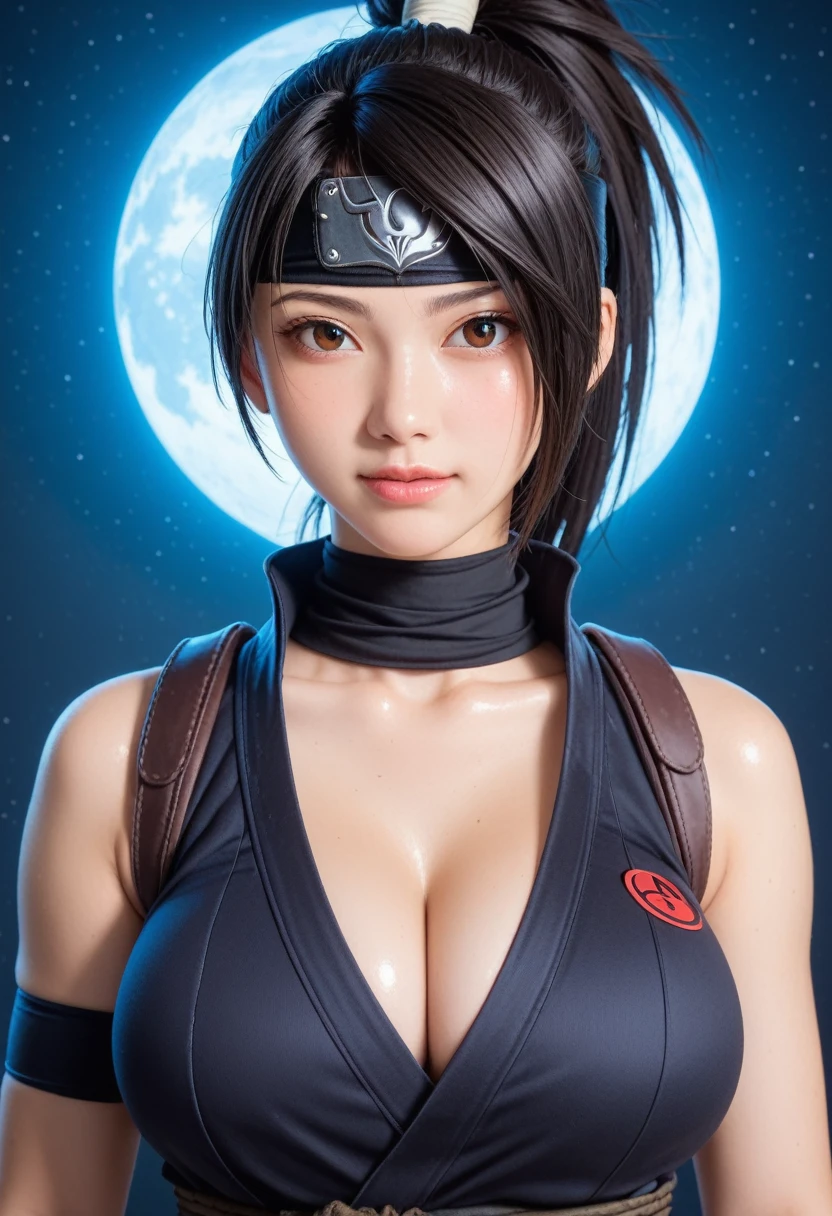 score_9,score_8_up,score_7_up,(pastel-color),(high brightness colors),Cute 20-year-old Japanese 1 girl,solo,(8k, masterpiece, ultra-detailed, best quality, ultra high res, newest, very aesthetic, absurdres, illustration, perfect composition),(hires),looking at viewer,black hair,shiny skin,fair skin,(upper body:1.5),toothless smilev,emphasizing her curvy body and large breasts,(ninja:1.5),A sexy female ninja in a tight black ninja outfit, perfectly fitted to emphasize her curves, sharp gaze while holding shurikens, background of a full moon and bamboo grove