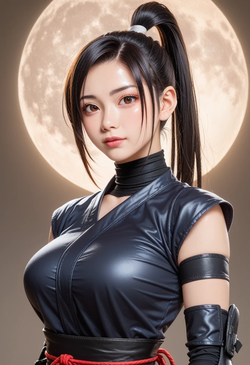 score_9,score_8_up,score_7_up,(pastel-color),(high brightness colors),Cute 20-year-old Japanese 1 girl,solo,(8k, masterpiece, ultra-detailed, best quality, ultra high res, newest, very aesthetic, absurdres, illustration, perfect composition),(hires),looking at viewer,black hair,shiny skin,fair skin,(upper body:1.5),toothless smilev,emphasizing her curvy body and large ,(ninja:1.5),A sexy fee ninja in a tight black ninja outfit, perfectly fitted to emphasize her curves, sharp gaze while holding shurikens, background of a full moon and bamboo grove