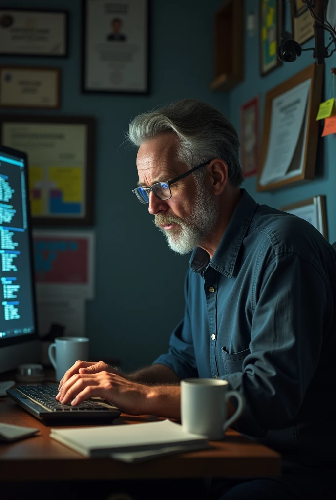 Generate a middle aged programmer photo who trying to write a programm
