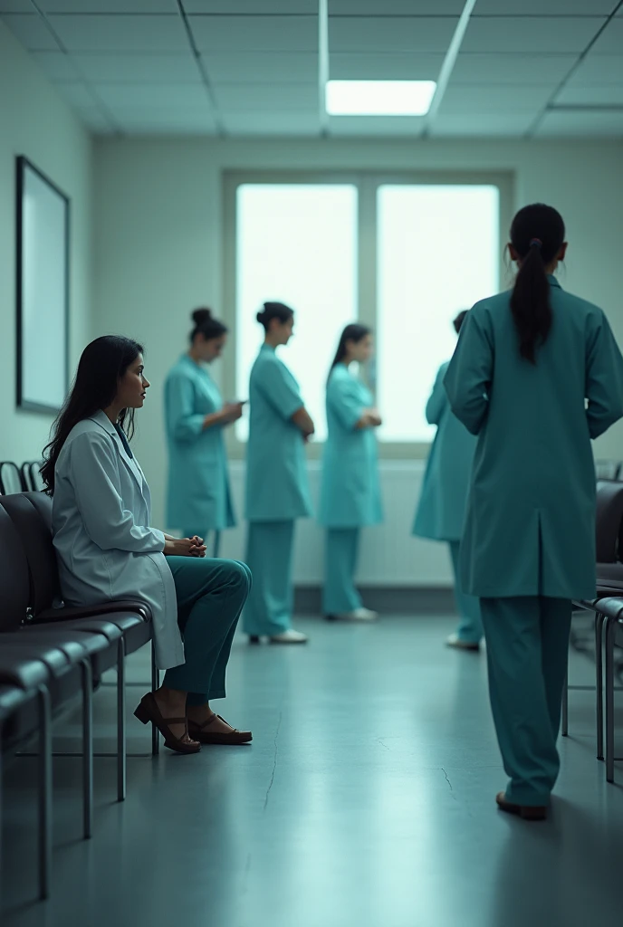4 female are leaving a hospital seminar room after a argument while the 5th female is sitting behind left alone (indian girl) (31 year old)(wearing hospital coat)