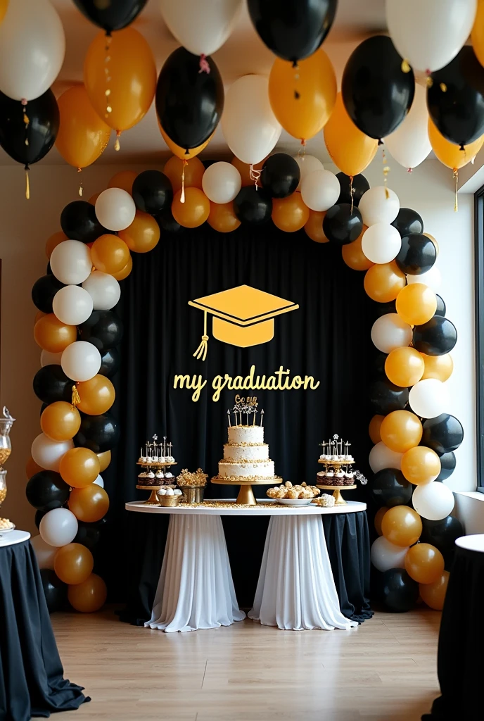 party room to celebrate the themed graduation of a medical doctor, with a black background fabric that has a design of a gold graduation cap in the center and below the design, is the word My Graduation and below the year 2024, to the side an arch of balloons in black, gold and white, in front a dessert table with various types of sweets and a cake in the center, on the sides of the main table, a tower of balloons in black, gold and white and at the top hang on both sides some welcome door banners with a black background, which say in white and gold letters 2024 and a folded diploma at the top and the other says Congratulations with a gold graduation cap at the top top, on another winged table, place a white tablecloth and its food warmers for the buffet, in the rest of the room place 6 large tables, some with black, white and gold tablecloths, 60 chairs, 10 for each table, each table with its centerpiece made of 7 balloons tied to a plastic stand base of individual tubes and 2 black balloons and 3 gold balloons, and 2 transparent balloons with gold confetti inside the balloon, each centerpiece around the balloons has a strip of yellow LED lights, on the ceiling place white, black and gold balloons with various graduation designs and with gold, black and white ribbons hanging down and all the balloons glued to the ceiling.