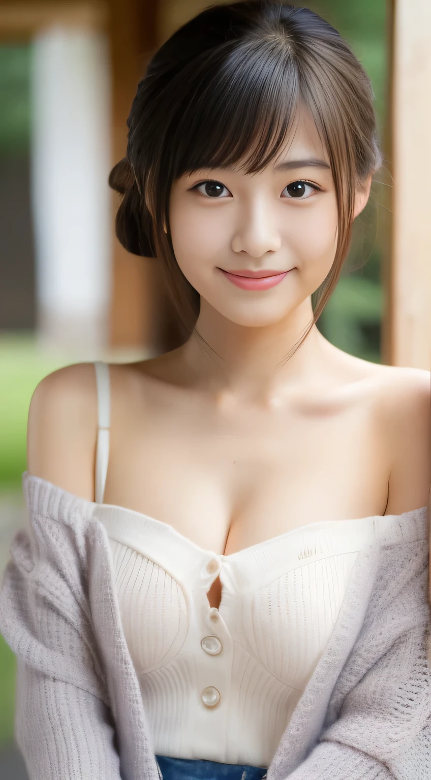 masterpiece,best quality,(Japanese girl),((Beautiful girl)),cleavage,(off shoulder:1.2),(perfect body beauty:1.2),(shy smile),From slightly above