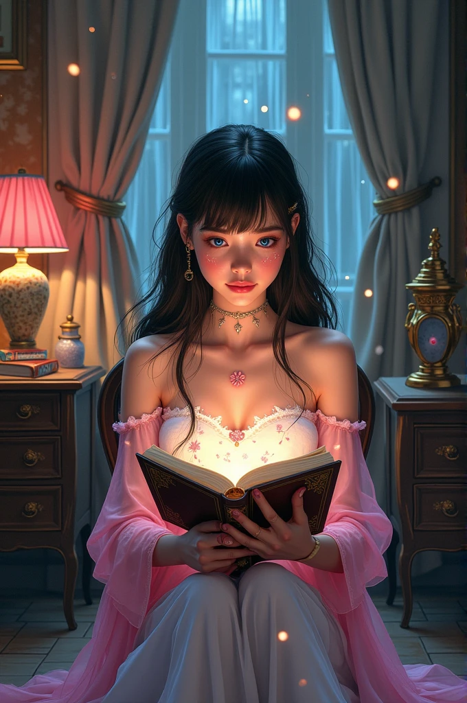 Marvel comic style filter with fantasy filter In a room there is a Russian American girl, blue-eyed white, long dark brown almost black hair, with a straight fringe. Delicate profile with subtle freckles, pink cheeks, plump and pink lips. She wears a white strapless dress with small pink flowers that reaches to her knees and over that dress she has a delicate pink dress that matches. She can be seen from head to toe sitting on a chair in front of a dressing table., looking at a grimoire while some things levitate