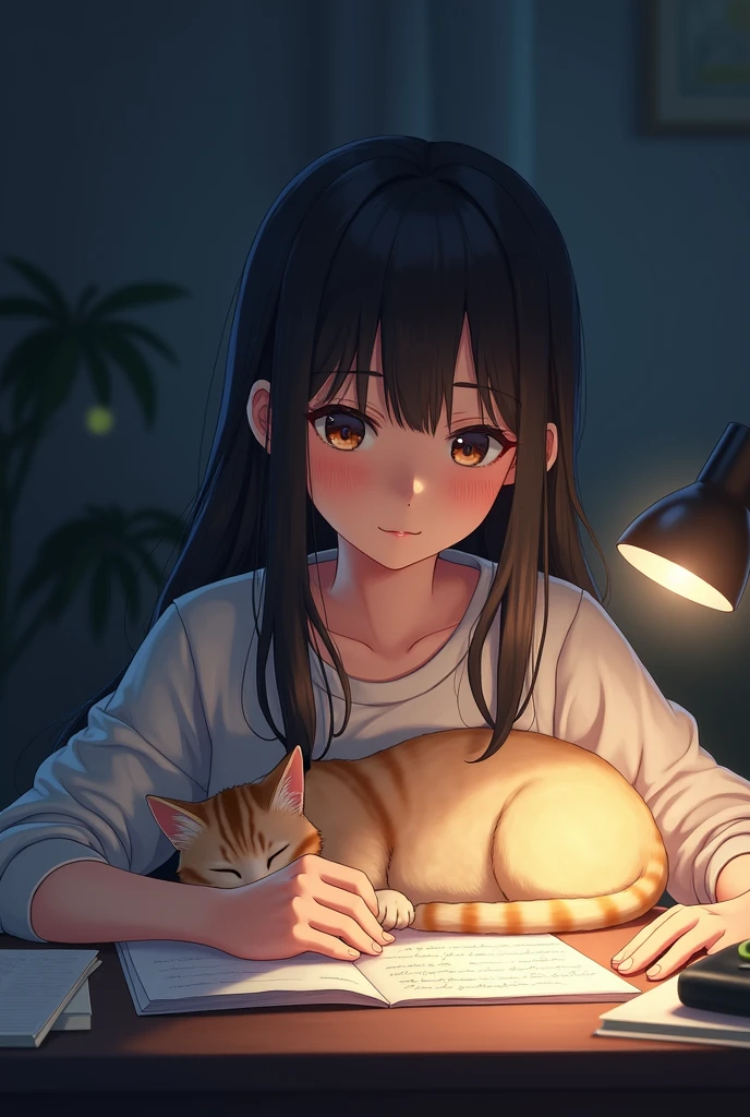 A beautiful high school girl is studying for a test in her room at night。
A cat is sleeping on his lap as he studies hard, puzzling over a difficult problem.。