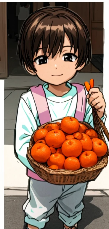 A young boy is standing with a happy expression on his face, holding a bag of mandarin oranges.。