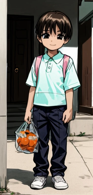 A young boy is standing with a happy expression on his face, holding a bag of mandarin oranges.。