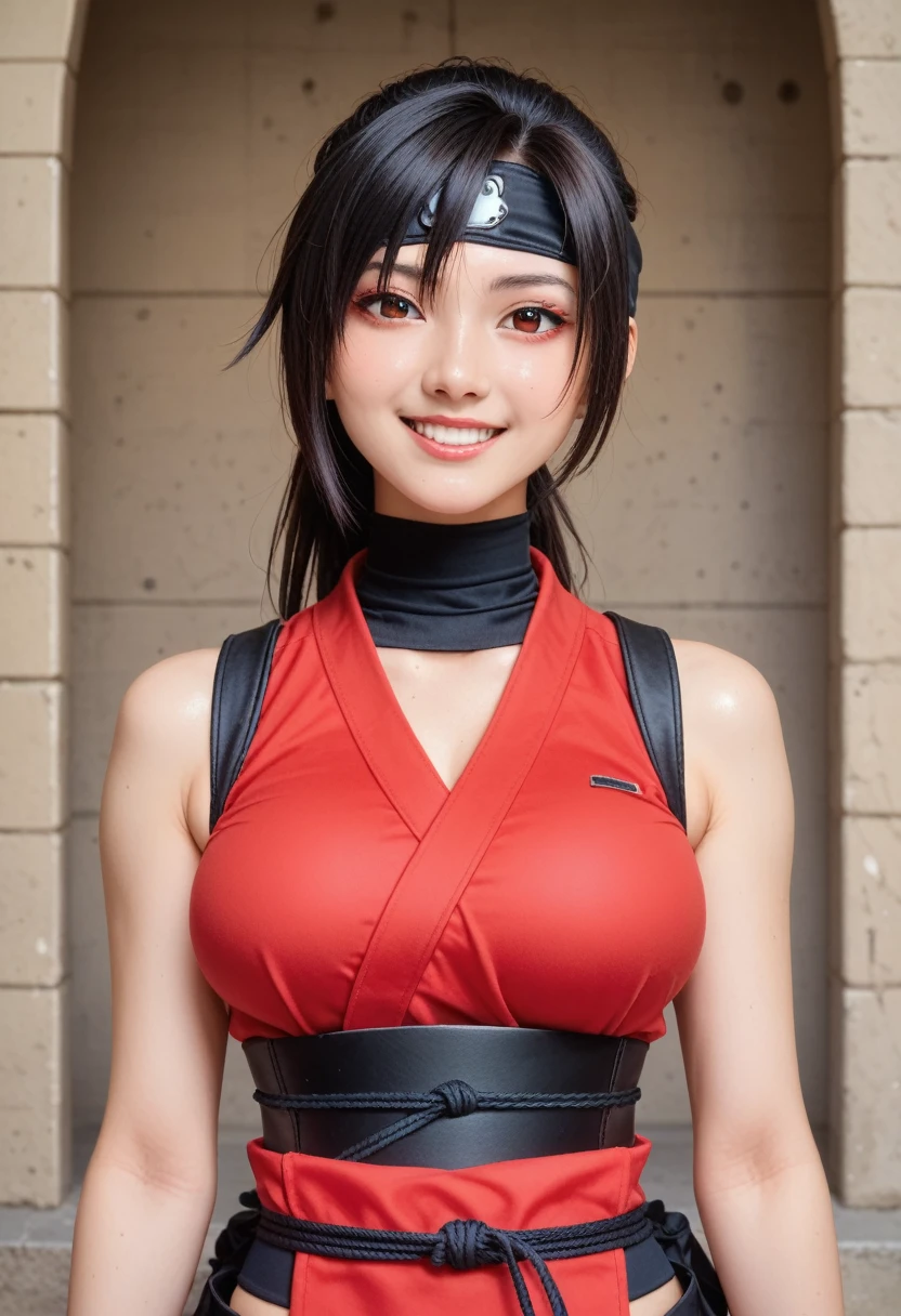 score_9,score_8_up,score_7_up,(pastel-color),(high brightness colors),Cute 20-year-old Japanese 1 girl,solo,(8k, masterpiece, ultra-detailed, best quality, ultra high res, newest, very aesthetic, absurdres, illustration, perfect composition),(hires),looking at viewer,black hair,shiny skin,fair skin,(upper body:1.5),toothless smilev,emphasizing her curvy body and large breasts,(ninja:1.5),A sexy female ninja in a tight red ninja outfit, perfectly clinging to her body as she raises one leg, seductive smile, background of a castle lit by fire