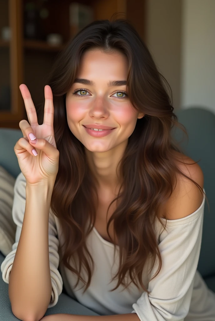 European beautiful girl with brown hair sitting on the couch holding the peace sign