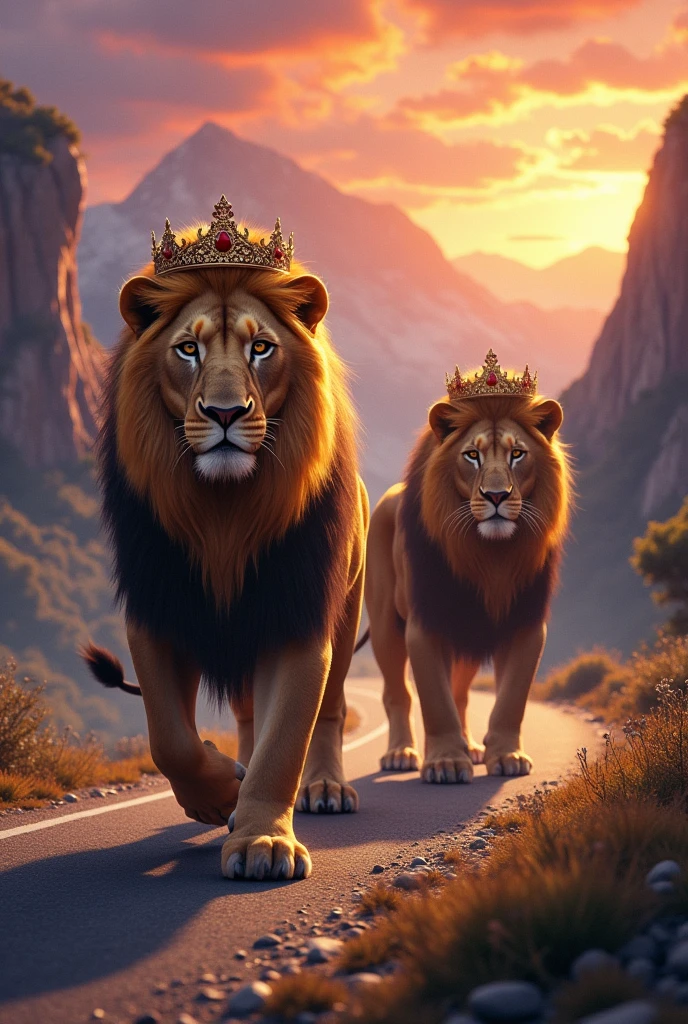 Two lions walking proudly with crowns on their heads at sunset on a mountain road , real ,Masterpiece, High detail ,As if it is happening in reality