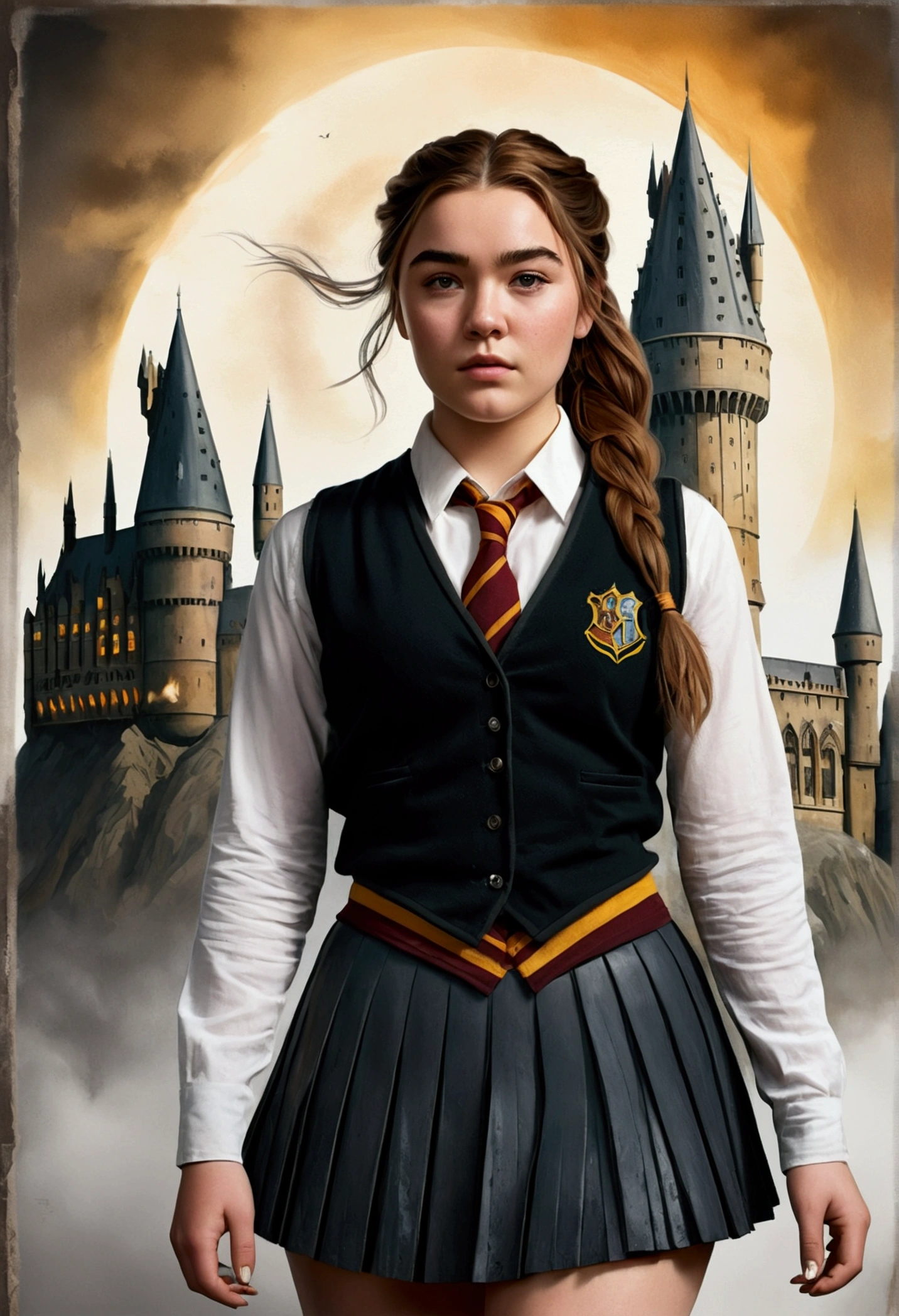 An illustrated movie poster, hand-drawn, full color, a female Hogwarts student, 18 years old, wearing a charcoal vest and a pleated skirt, tall, toned, amazonian stature, athletic hourglass figure, full wide hips, massive round butt, long shapely legs, ridiculously thick powerful thighs, deep dark auburn hair, messy ponytail, flushed sun-kissed complexion, freckles, resembles Florence Pugh, standing in front of Hogwarts Castle, surrounded by mist, graphite shading, stencil marks, airbrushed acrylic paint, masterpiece, in the Deathly Hallows