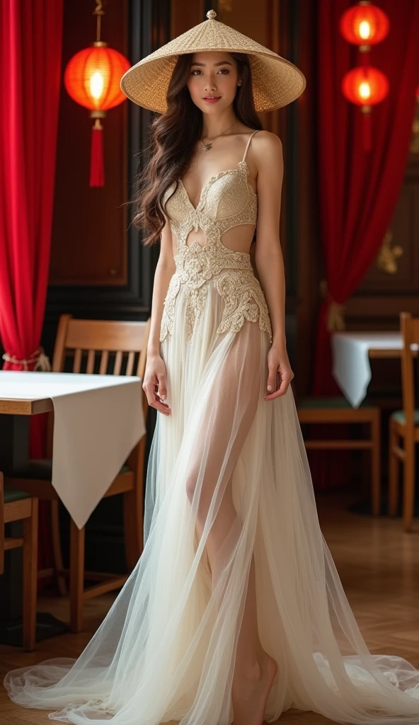 Brown-haired female model wearing a stylized outfit from Vietnamese pho. Elegant and discreet style. Wide-brimmed round hat with folded edges. White and beige long-sleeved dress divided into four parts. Long transparent dress past the ankle. Luxurious setting, red curtain interior, wooden tables and chairs, red lanterns, beautiful lighting