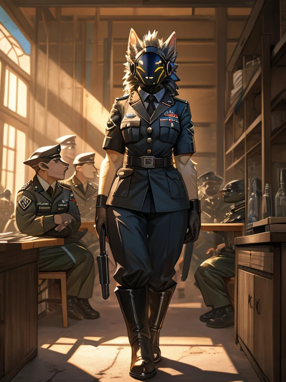 Hairy Protogen, Wide hips, stomach, beautiful, muscular, spongy, Hairy details, female,in German Nazi uniform from World War II, steel home, nazi ss uniform, Firearms, esbastica, concentration camps, aryan race, German militia