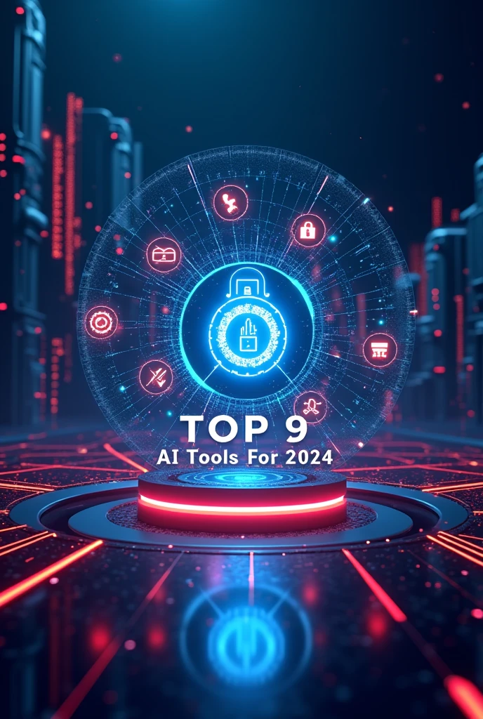 **"Design an engaging YouTube thumbnail with a futuristic tech background. Showcase a central AI graphic, surrounded by icons of featured tools. Add bold text reading ‘Top 9 AI Tools for 2024’. Use vibrant colors and clear, eye-catching design to draw attention."**