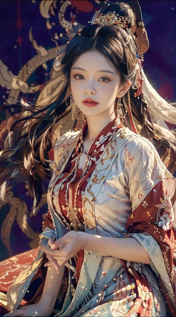 a beautiful young woman surrounded by swirling bursts of vibrant color, floating in a background of pristine white clouds, elegant and dynamic in pose, framed by a chaotic, fractal-like composition with a romantic, fouvistic design, bathed in bright, atmospheric lighting, (best quality, 4k, 8k, highres, masterpiece:1.2), ultra-detailed, (realistic, photorealistic, photo-realistic:1.37), 1 girl, extremely detailed eyes and face, beautiful detailed lips, longeyelashes, dynamic angle, cowboy shot, most beautiful chaotic forms, elegant, fouvism design, bright colors, romanticism, freezingly cold, Adrian Jenny, Petra Cortright, atmospheric, ecstatic memo, flow chart display