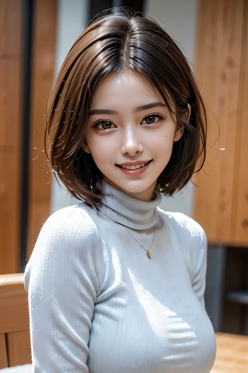 (UHigh resolution, retina, masterpiece, Accurate, Anatomically correct, Textured skin, Super Detail, Attention to detail, high quality, 最high quality, High resolution, 1080P, High resolution, 4K, 8k, 16K), (美しいAttention to detail目, Beautiful lip detail, Highly detailed eyes and face), Studio Lighting, Physically Based Rendering, Brightly colored boobs, Super big breasts, super extra big , Glamorous Body), (White turtleneck knit), (Portraiture, Bowl Cut, Shiny Hair, Glowing Skin), (Bokeh), (incline one's head to the side:1.5), Eye Reflexes, Jet Black Hair, Distinctive large, narrow eyes, Snow-like skin, Pink Lips, Rosy Cheeks, Large Breasts, A charming smile that captivates everyone who sees it, and the intelligent brain,